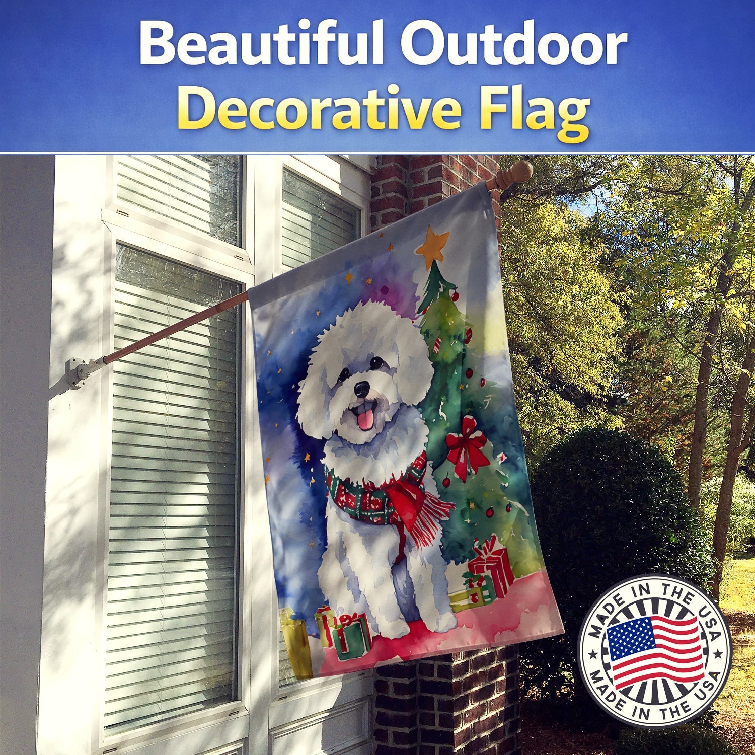 Bichon Frise Christmas House Flag 28x40 Porch Sleeve Pole Decorative Outside Yard Banner Artwork Wall Hanging, Polyester