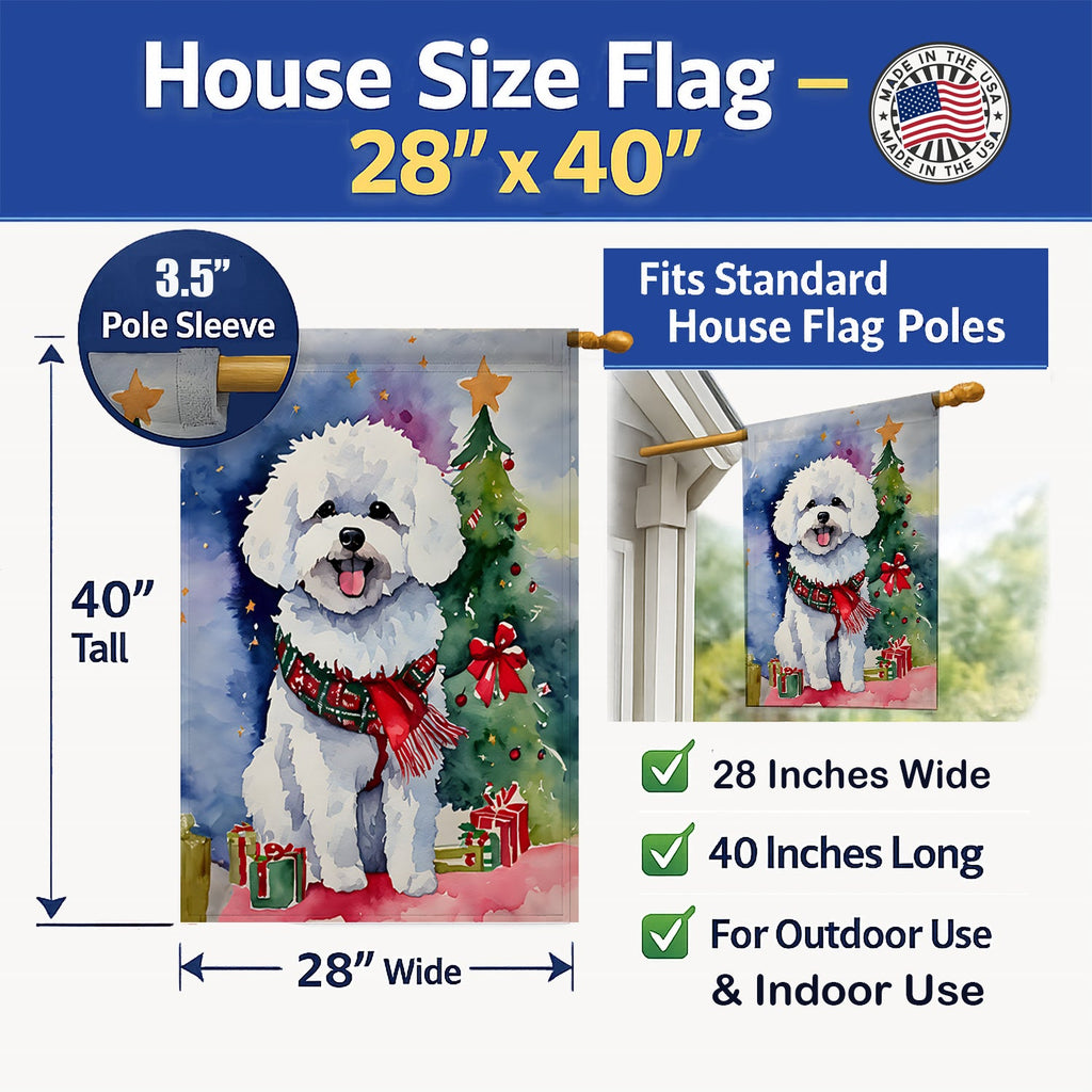 Bichon Frise Christmas House Flag 28x40 Porch Sleeve Pole Decorative Outside Yard Banner Artwork Wall Hanging, Polyester