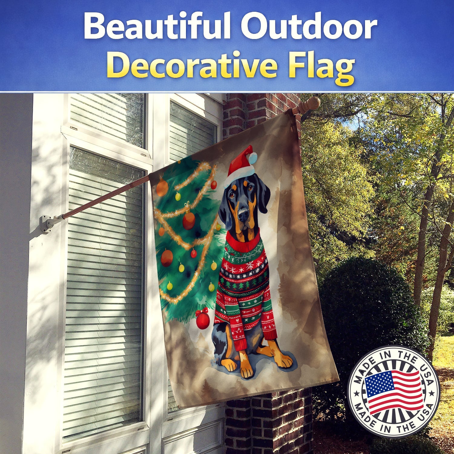 Black and Tan Coonhound Christmas House Flag 28x40 Porch Sleeve Pole Decorative Outside Yard Banner Artwork Wall Hanging, Polyester