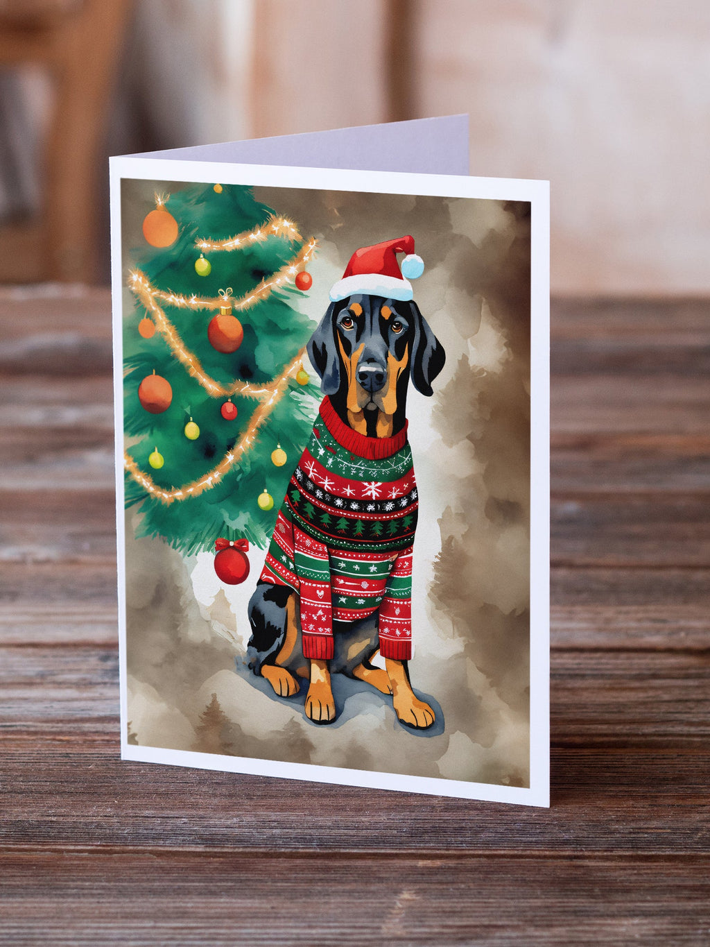 Black and Tan Coonhound Christmas Greeting Cards Pack of 8 Blank Cards with Envelopes Whimsical A7 Size 5x7