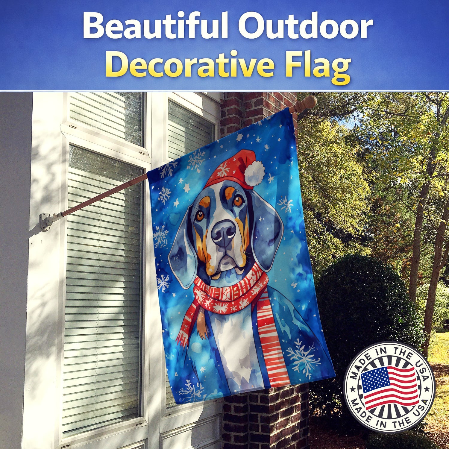 Black and Tan Coonhound Christmas House Flag 28x40 Porch Sleeve Pole Decorative Outside Yard Banner Artwork Wall Hanging, Polyester