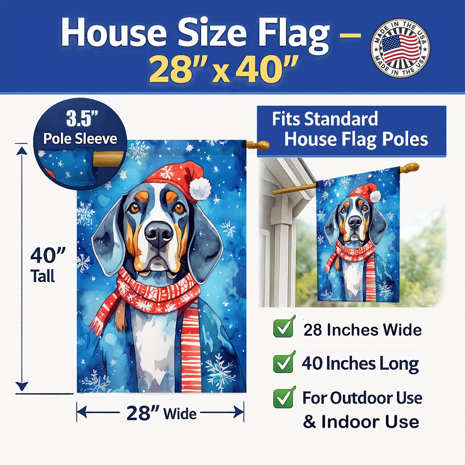 Black and Tan Coonhound Christmas House Flag 28x40 Porch Sleeve Pole Decorative Outside Yard Banner Artwork Wall Hanging, Polyester