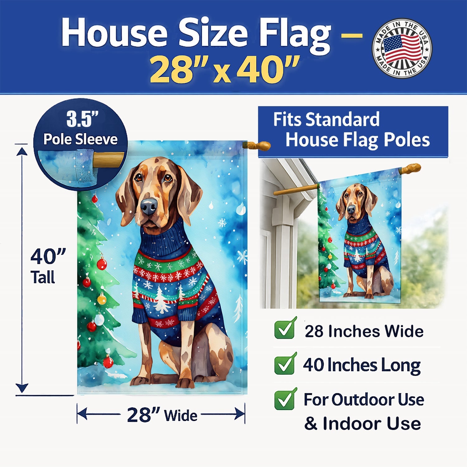 Coonhound Christmas House Flag 28x40 Porch Sleeve Pole Decorative Outside Yard Banner Artwork Wall Hanging, Polyester