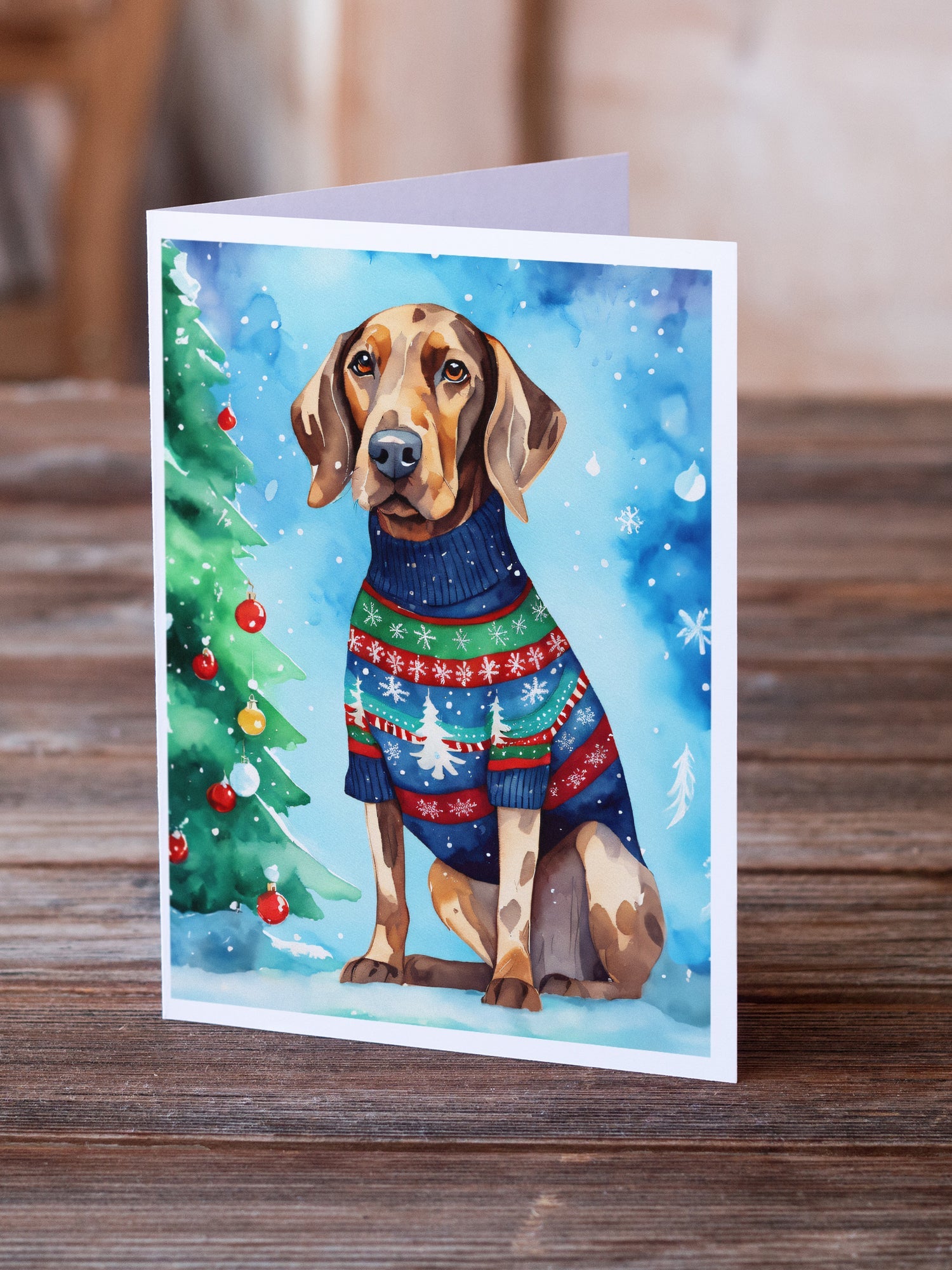 Coonhound Christmas Greeting Cards Pack of 8 Blank Cards with Envelopes Whimsical A7 Size 5x7