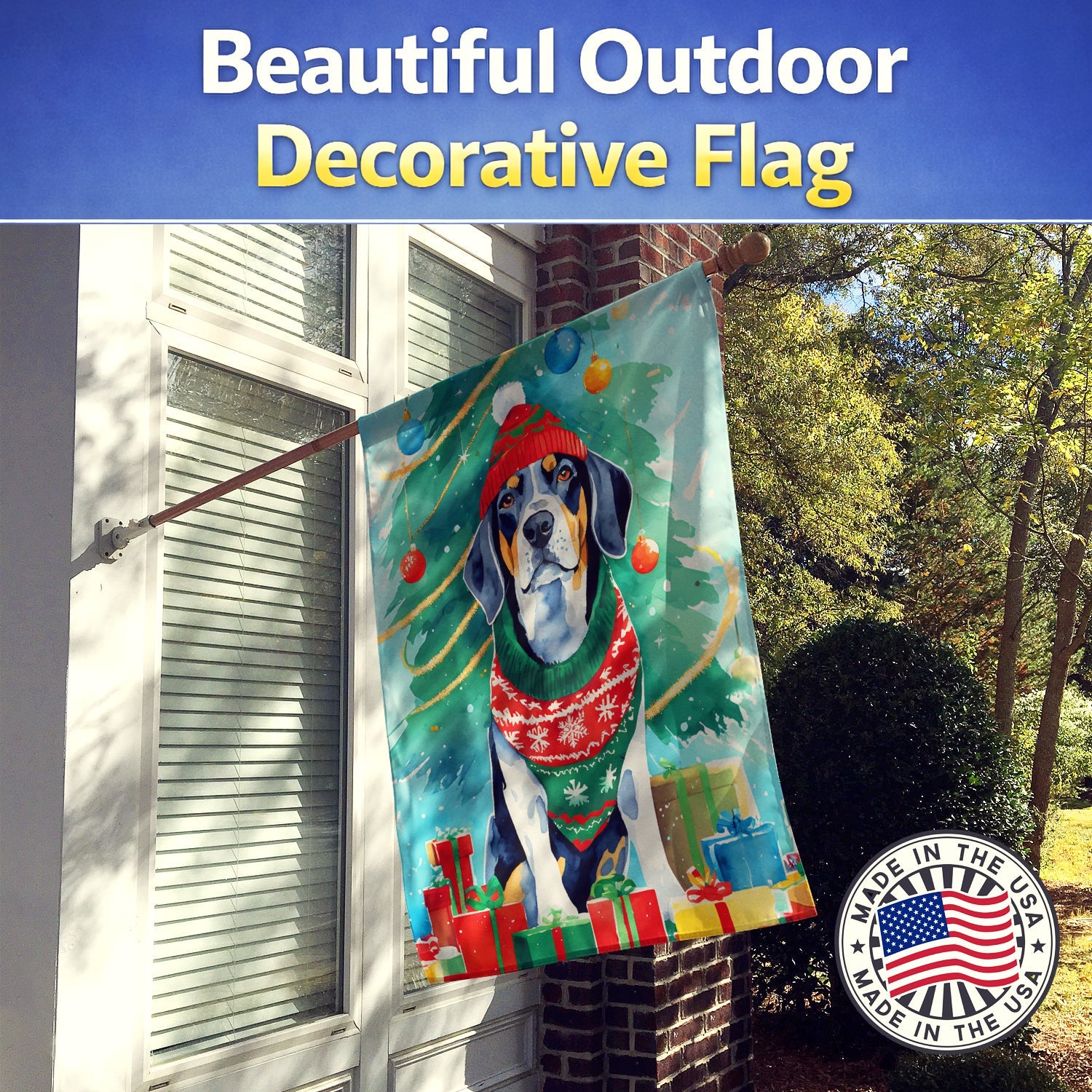 Bluetick Coonhound Christmas House Flag 28x40 Porch Sleeve Pole Decorative Outside Yard Banner Artwork Wall Hanging, Polyester