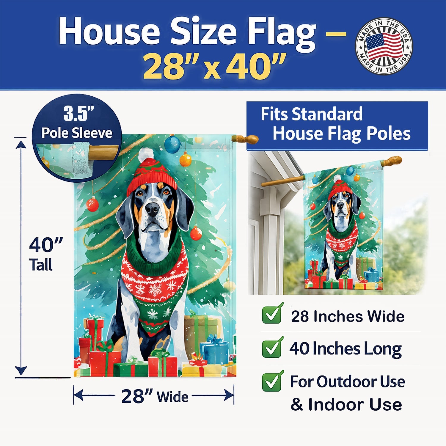Bluetick Coonhound Christmas House Flag 28x40 Porch Sleeve Pole Decorative Outside Yard Banner Artwork Wall Hanging, Polyester