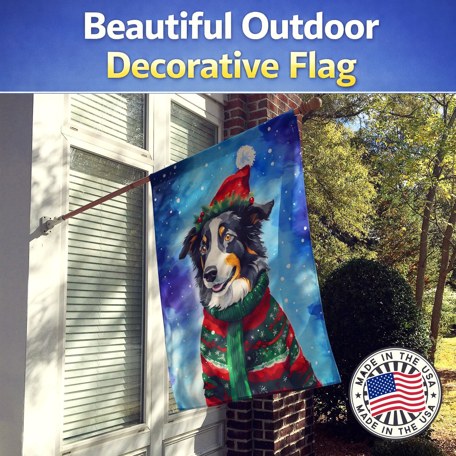 Border Collie Christmas House Flag 28x40 Porch Sleeve Pole Decorative Outside Yard Banner Artwork Wall Hanging, Polyester
