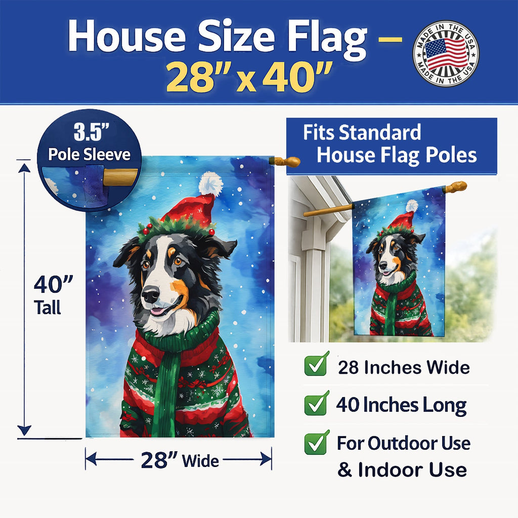 Border Collie Christmas House Flag 28x40 Porch Sleeve Pole Decorative Outside Yard Banner Artwork Wall Hanging, Polyester