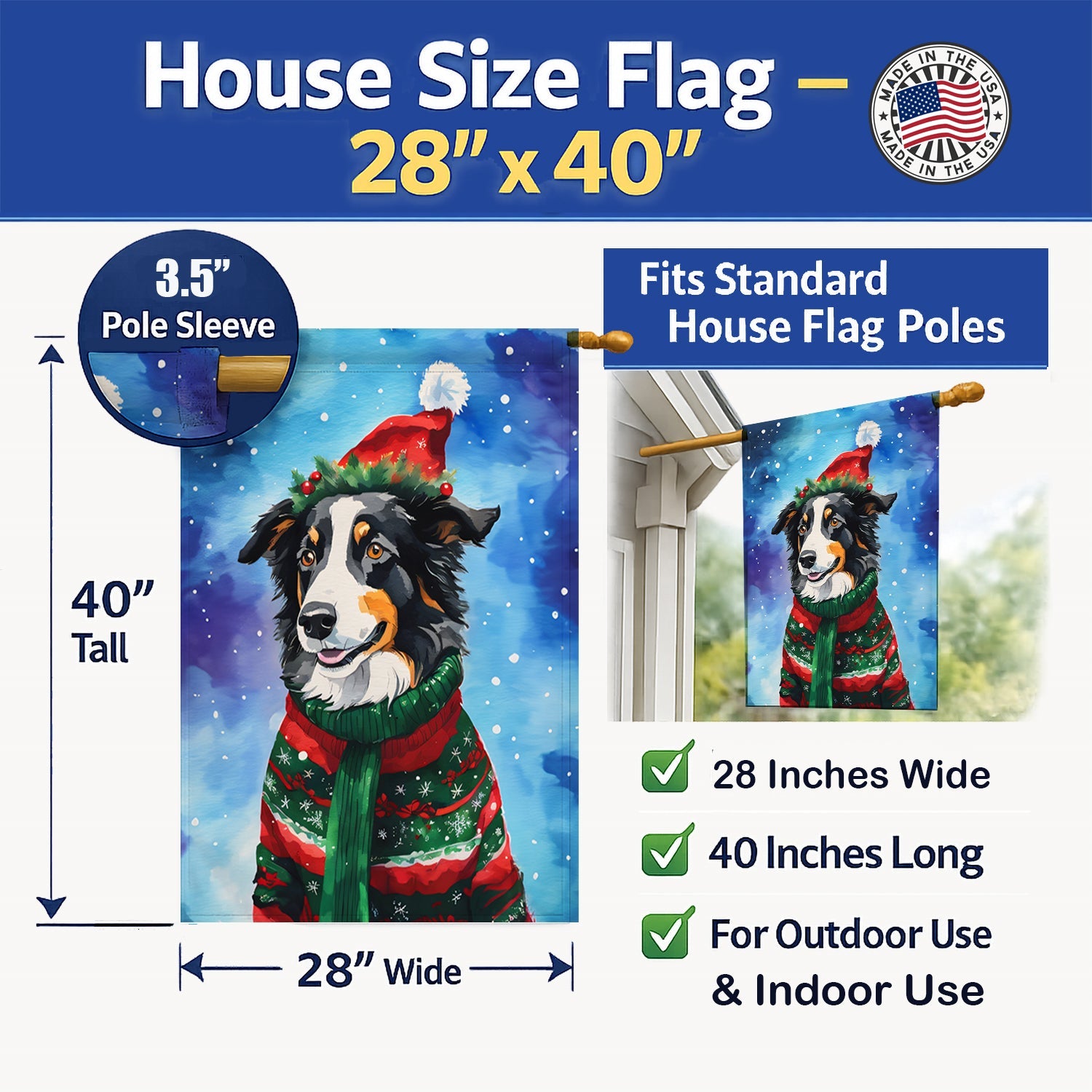 Border Collie Christmas House Flag 28x40 Porch Sleeve Pole Decorative Outside Yard Banner Artwork Wall Hanging, Polyester