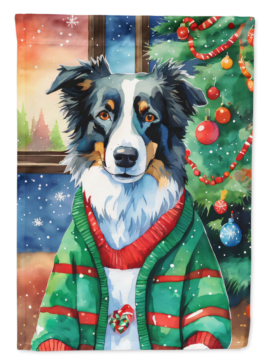 Border Collie Christmas House Flag 28x40 Porch Sleeve Pole Decorative Outside Yard Banner Artwork Wall Hanging, Polyester