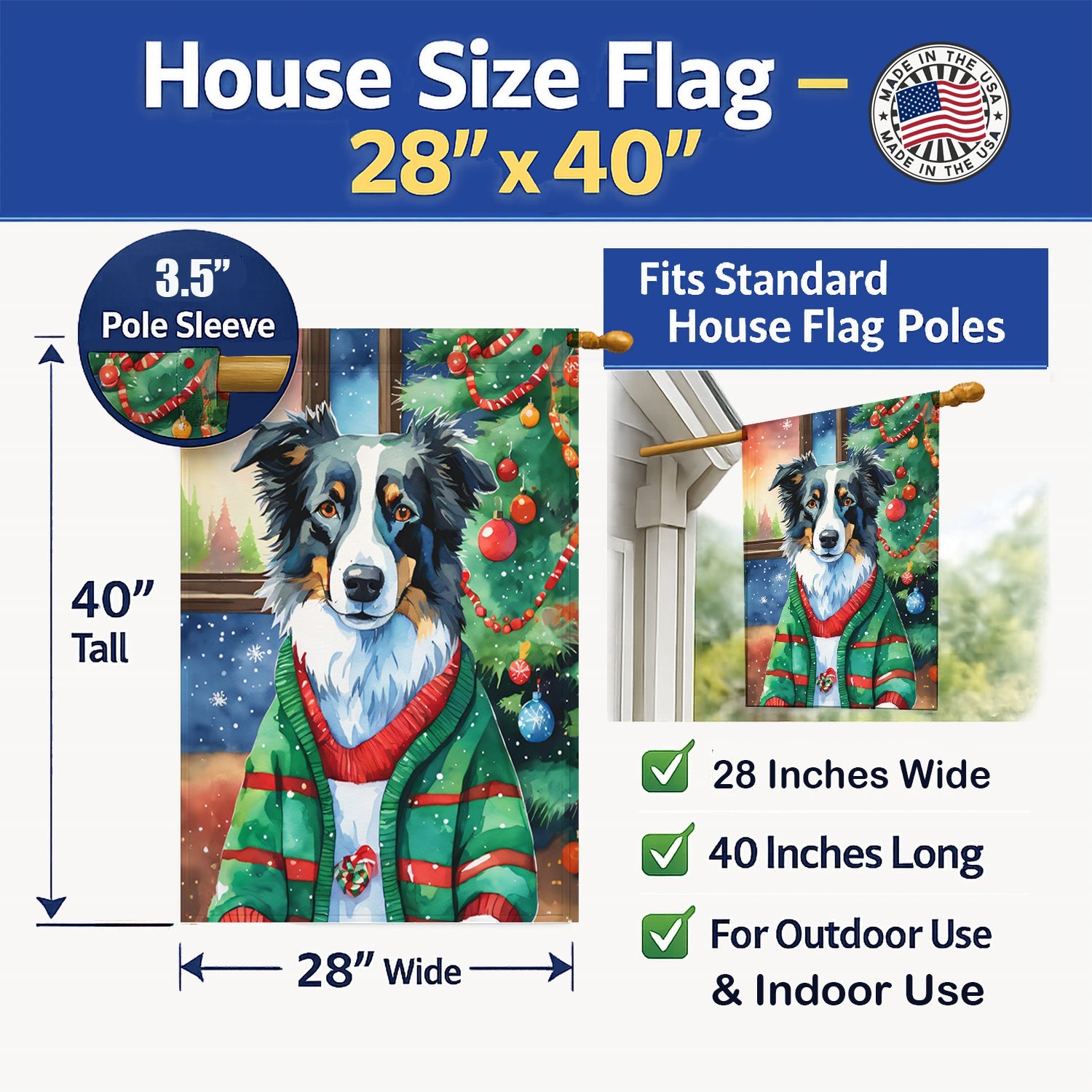 Border Collie Christmas House Flag 28x40 Porch Sleeve Pole Decorative Outside Yard Banner Artwork Wall Hanging, Polyester