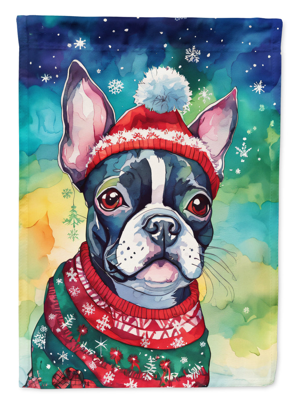 Boston Terrier Christmas House Flag 28x40 Porch Sleeve Pole Decorative Outside Yard Banner Artwork Wall Hanging, Polyester