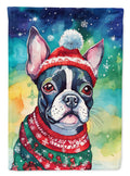 Boston Terrier Christmas House Flag 28x40 Porch Sleeve Pole Decorative Outside Yard Banner Artwork Wall Hanging, Polyester