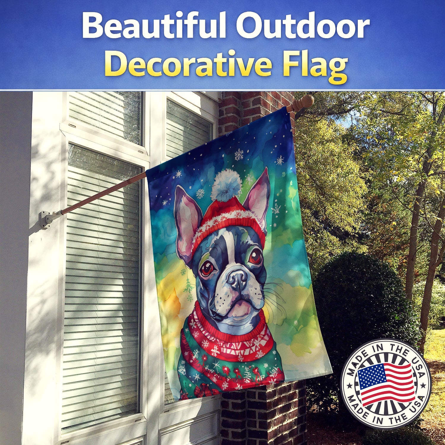 Boston Terrier Christmas House Flag 28x40 Porch Sleeve Pole Decorative Outside Yard Banner Artwork Wall Hanging, Polyester