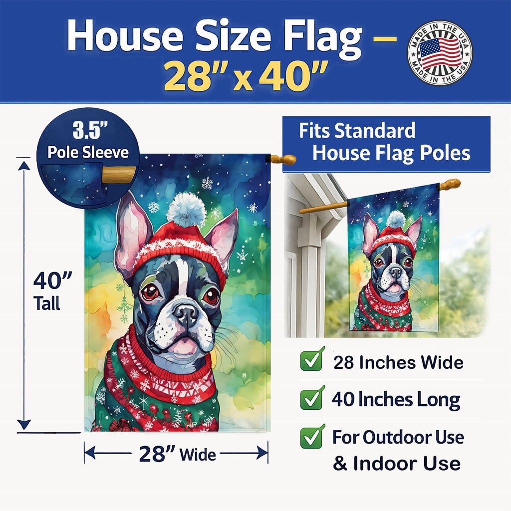 Boston Terrier Christmas House Flag 28x40 Porch Sleeve Pole Decorative Outside Yard Banner Artwork Wall Hanging, Polyester