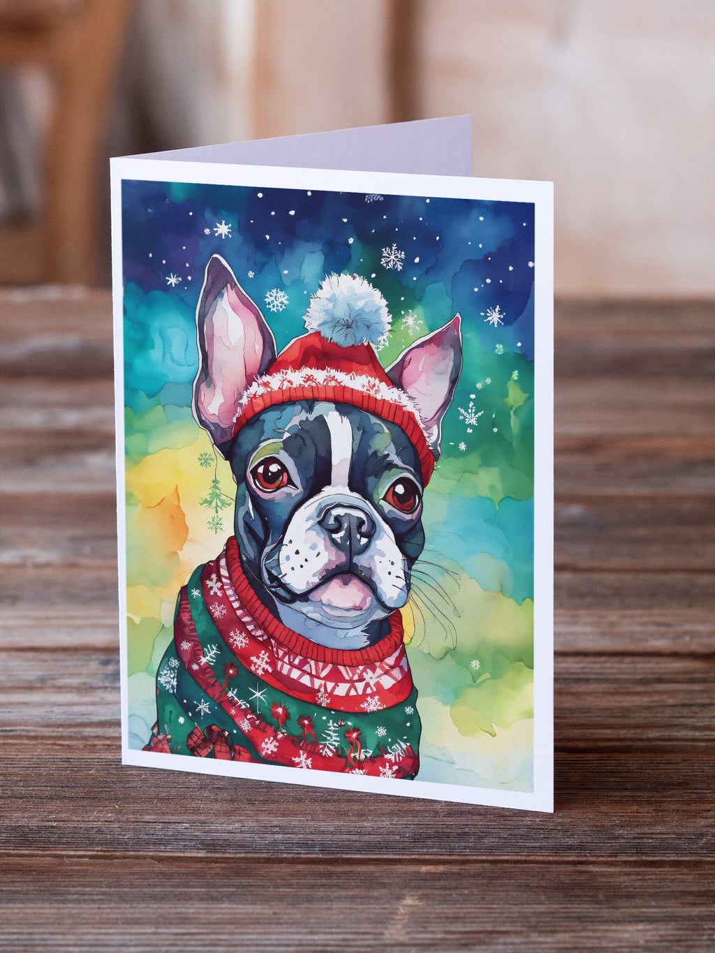 Boston Terrier Christmas Greeting Cards Pack of 8 Blank Cards with Envelopes Whimsical A7 Size 5x7