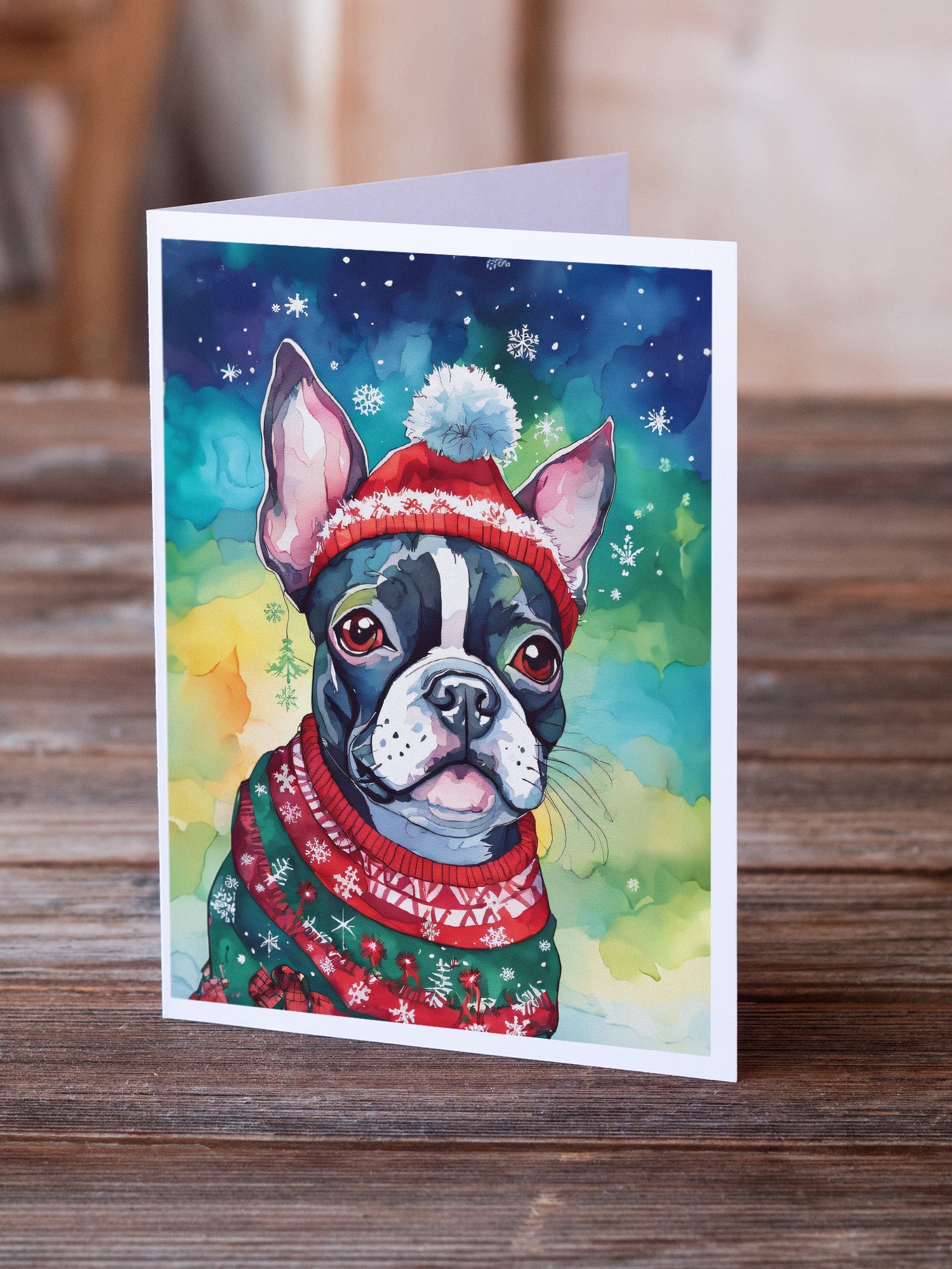 Boston Terrier Christmas Greeting Cards Pack of 8 Blank Cards with Envelopes Whimsical A7 Size 5x7