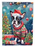 Boston Terrier Christmas House Flag 28x40 Porch Sleeve Pole Decorative Outside Yard Banner Artwork Wall Hanging, Polyester