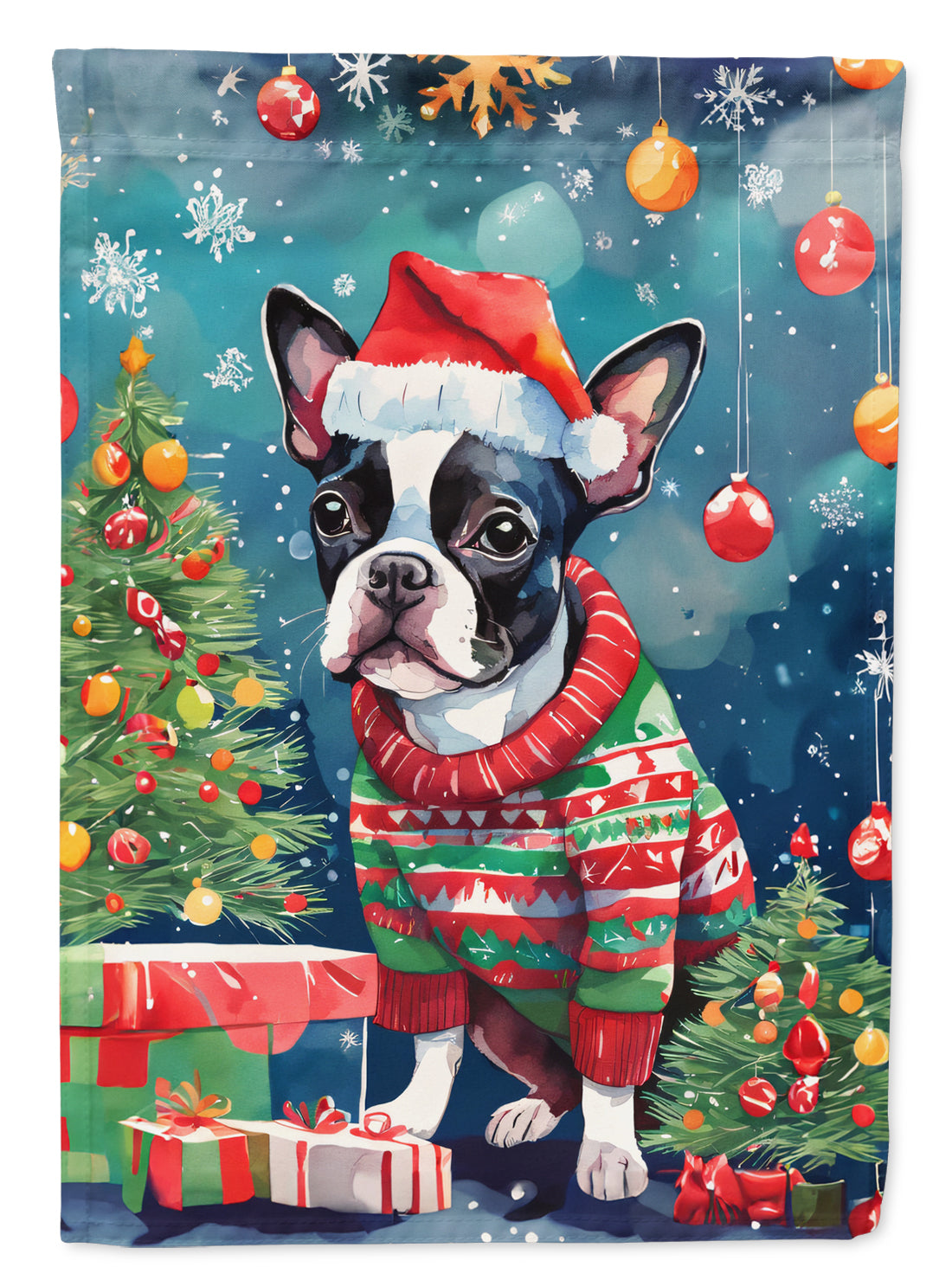 Boston Terrier Christmas House Flag 28x40 Porch Sleeve Pole Decorative Outside Yard Banner Artwork Wall Hanging, Polyester