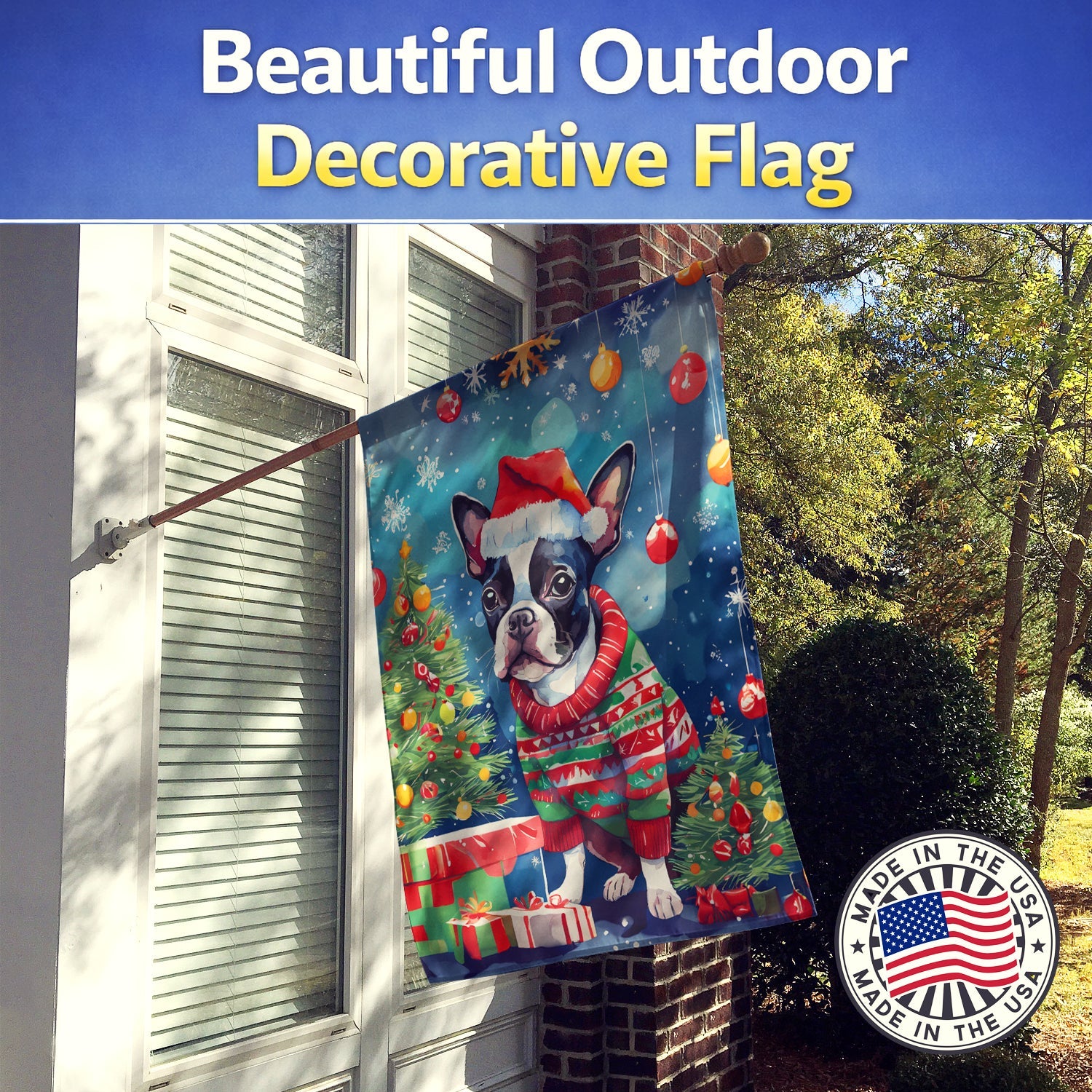 Boston Terrier Christmas House Flag 28x40 Porch Sleeve Pole Decorative Outside Yard Banner Artwork Wall Hanging, Polyester