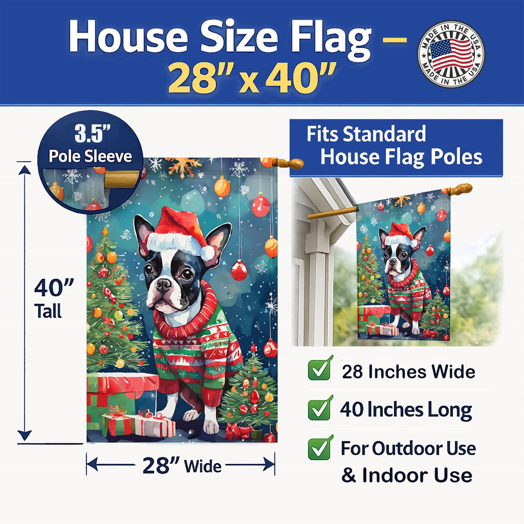 Boston Terrier Christmas House Flag 28x40 Porch Sleeve Pole Decorative Outside Yard Banner Artwork Wall Hanging, Polyester
