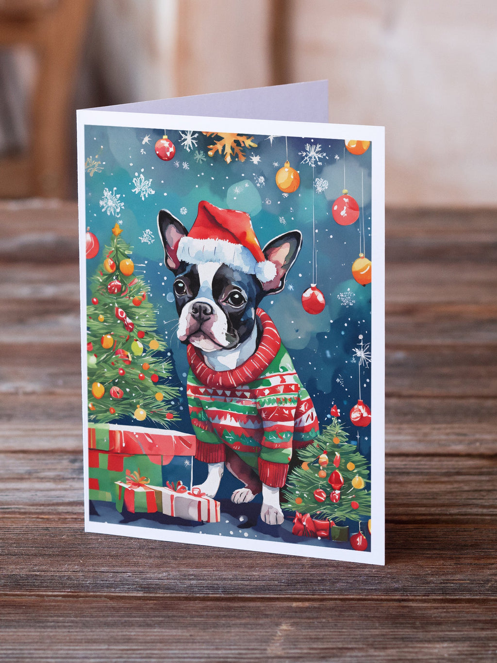 Boston Terrier Christmas Greeting Cards Pack of 8 Blank Cards with Envelopes Whimsical A7 Size 5x7