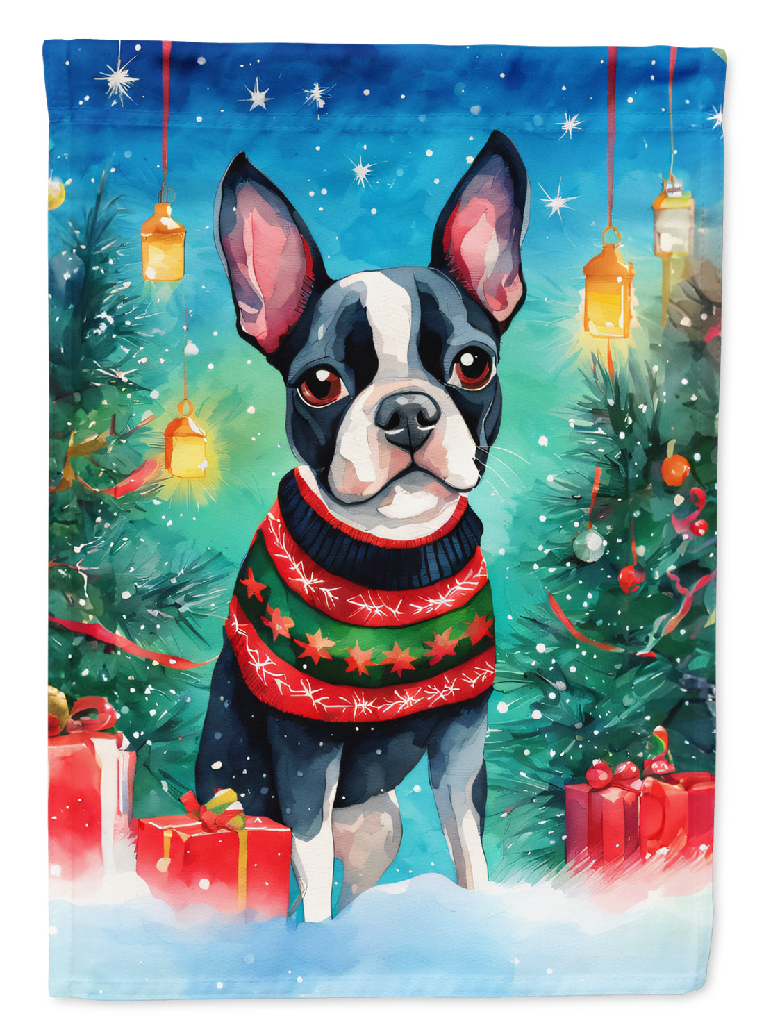 Boston Terrier Christmas House Flag 28x40 Porch Sleeve Pole Decorative Outside Yard Banner Artwork Wall Hanging, Polyester