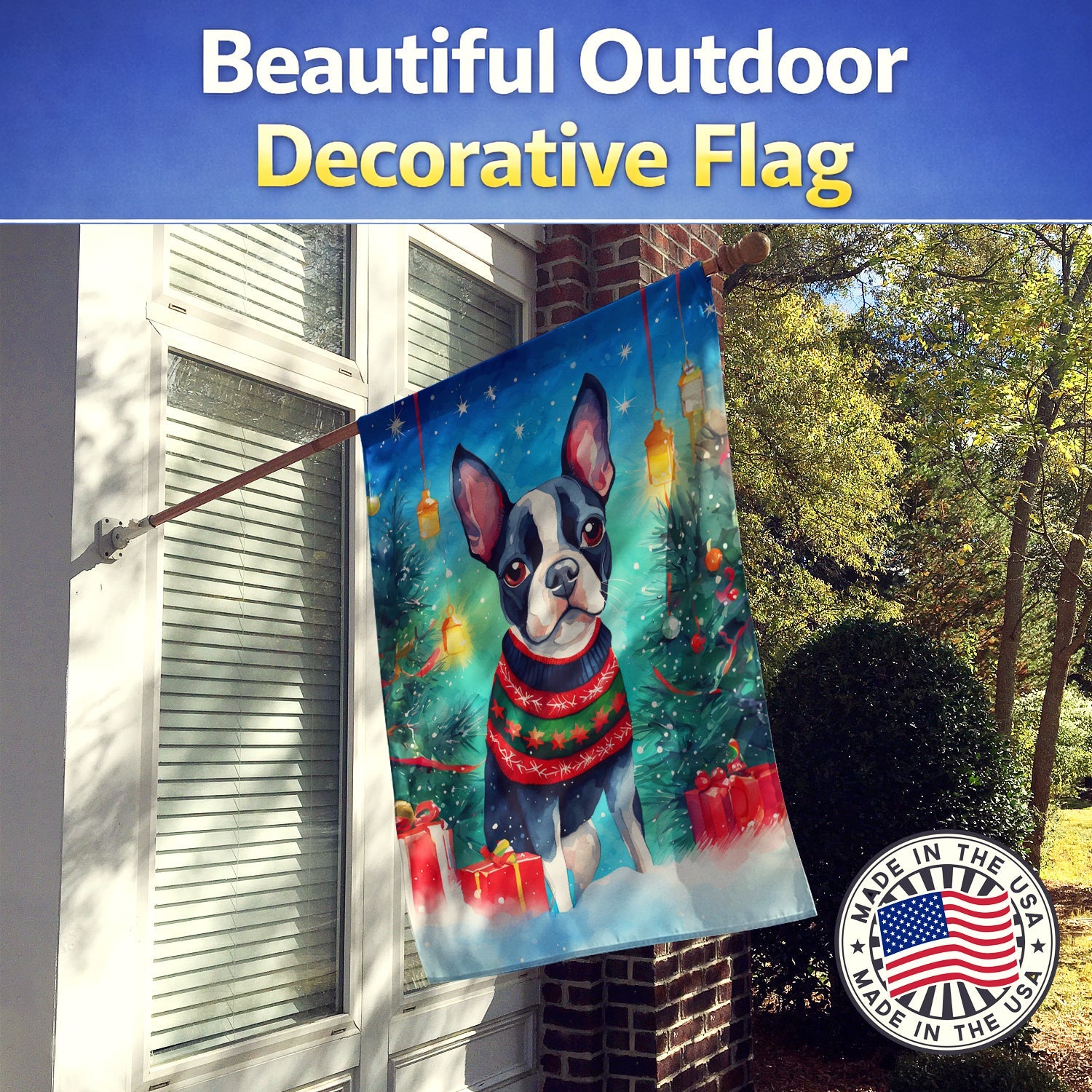 Boston Terrier Christmas House Flag 28x40 Porch Sleeve Pole Decorative Outside Yard Banner Artwork Wall Hanging, Polyester