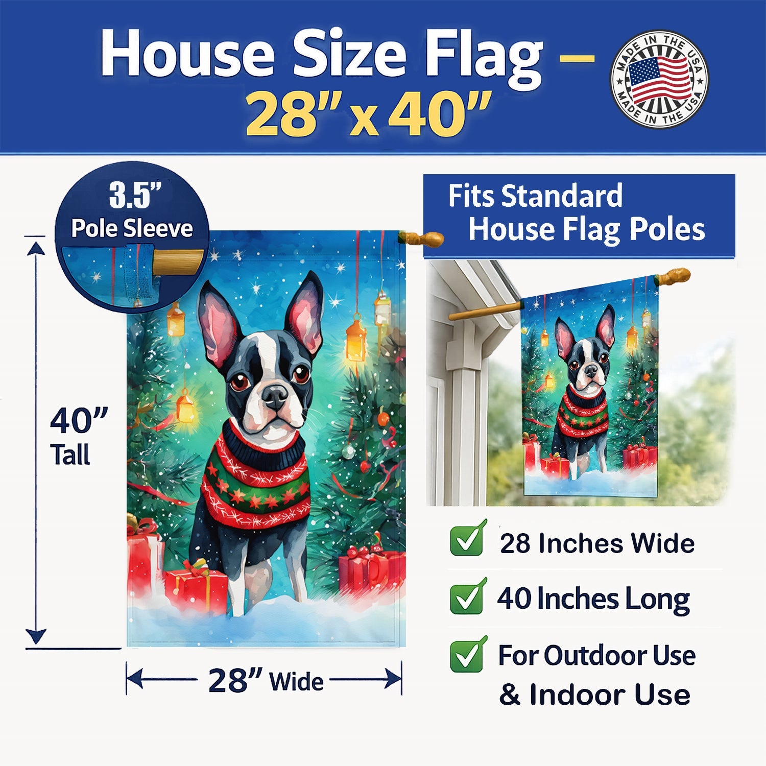 Boston Terrier Christmas House Flag 28x40 Porch Sleeve Pole Decorative Outside Yard Banner Artwork Wall Hanging, Polyester