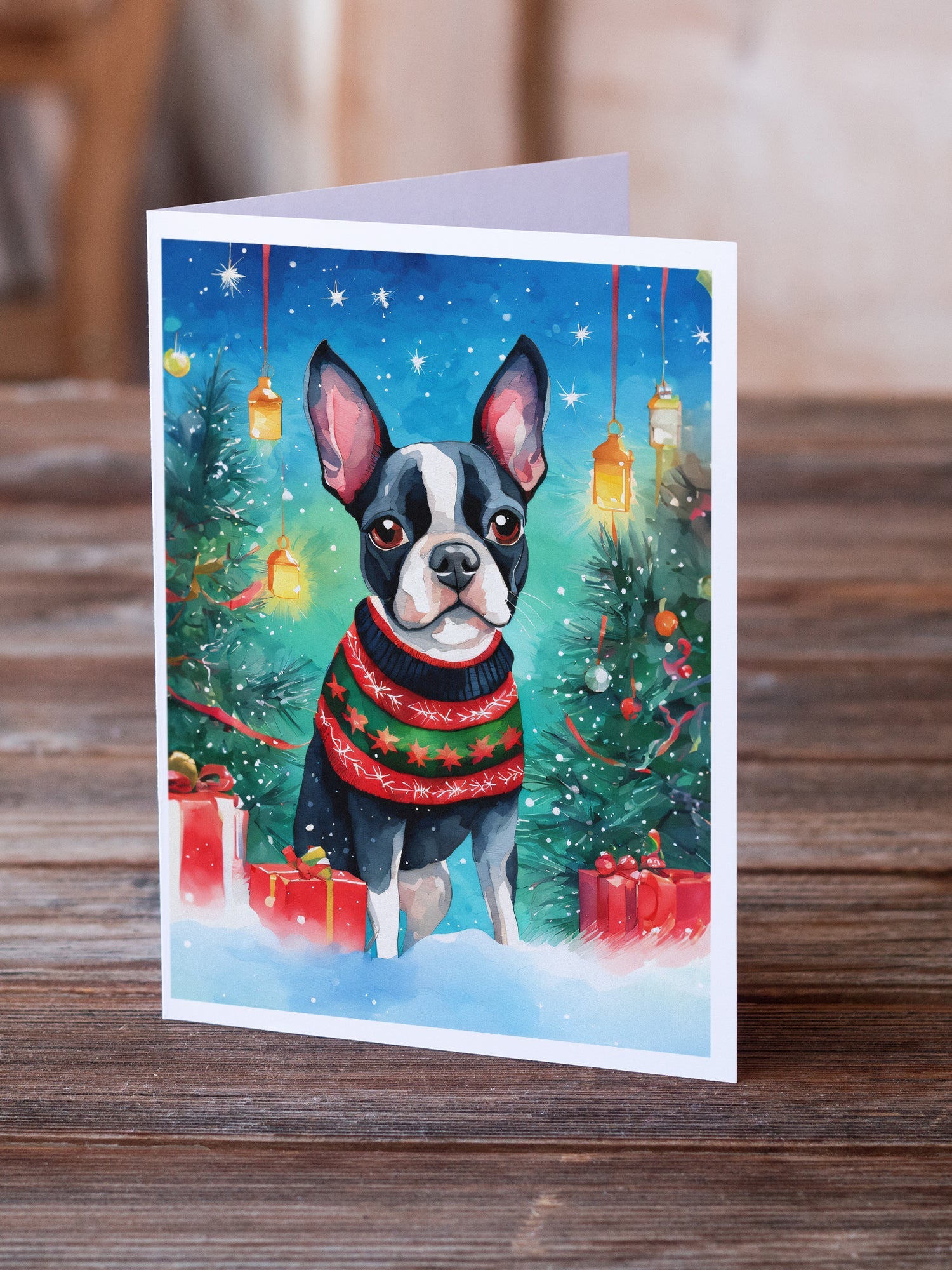 Boston Terrier Christmas Greeting Cards Pack of 8 Blank Cards with Envelopes Whimsical A7 Size 5x7