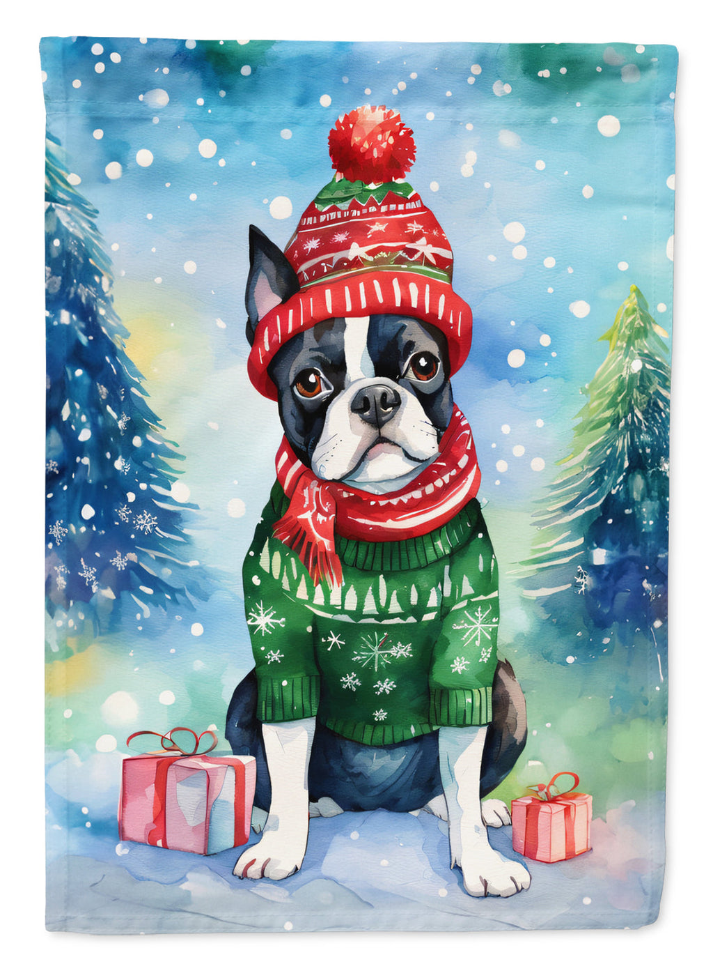 Boston Terrier Christmas House Flag 28x40 Porch Sleeve Pole Decorative Outside Yard Banner Artwork Wall Hanging, Polyester