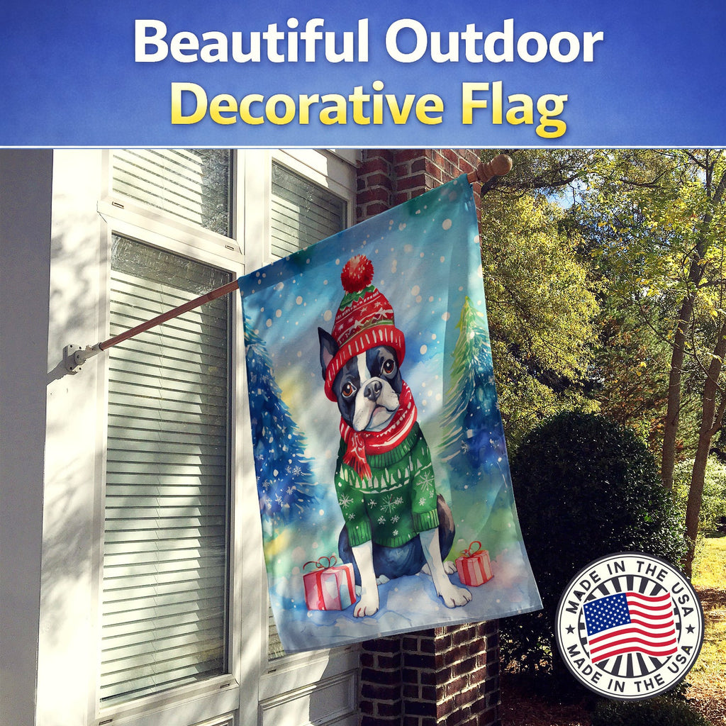 Boston Terrier Christmas House Flag 28x40 Porch Sleeve Pole Decorative Outside Yard Banner Artwork Wall Hanging, Polyester