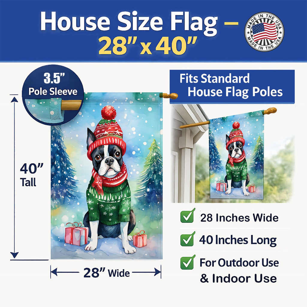 Boston Terrier Christmas House Flag 28x40 Porch Sleeve Pole Decorative Outside Yard Banner Artwork Wall Hanging, Polyester