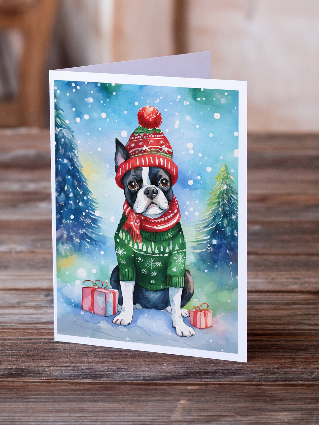 Boston Terrier Christmas Greeting Cards Pack of 8 Blank Cards with Envelopes Whimsical A7 Size 5x7