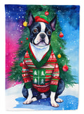 Boston Terrier Christmas House Flag 28x40 Porch Sleeve Pole Decorative Outside Yard Banner Artwork Wall Hanging, Polyester