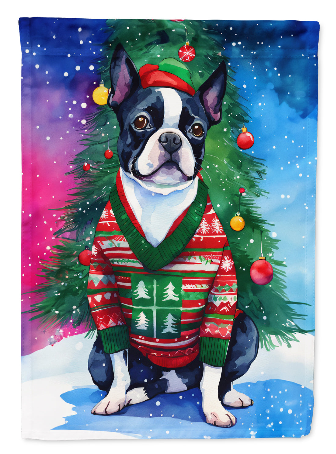 Boston Terrier Christmas House Flag 28x40 Porch Sleeve Pole Decorative Outside Yard Banner Artwork Wall Hanging, Polyester