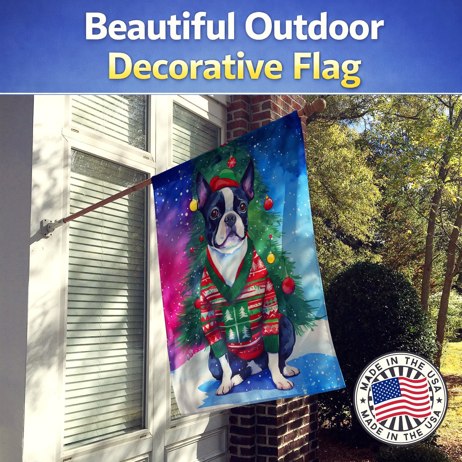 Boston Terrier Christmas House Flag 28x40 Porch Sleeve Pole Decorative Outside Yard Banner Artwork Wall Hanging, Polyester