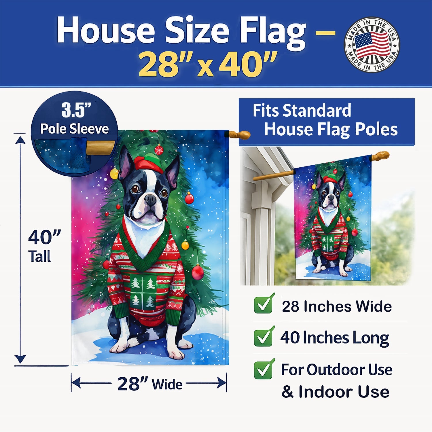 Boston Terrier Christmas House Flag 28x40 Porch Sleeve Pole Decorative Outside Yard Banner Artwork Wall Hanging, Polyester
