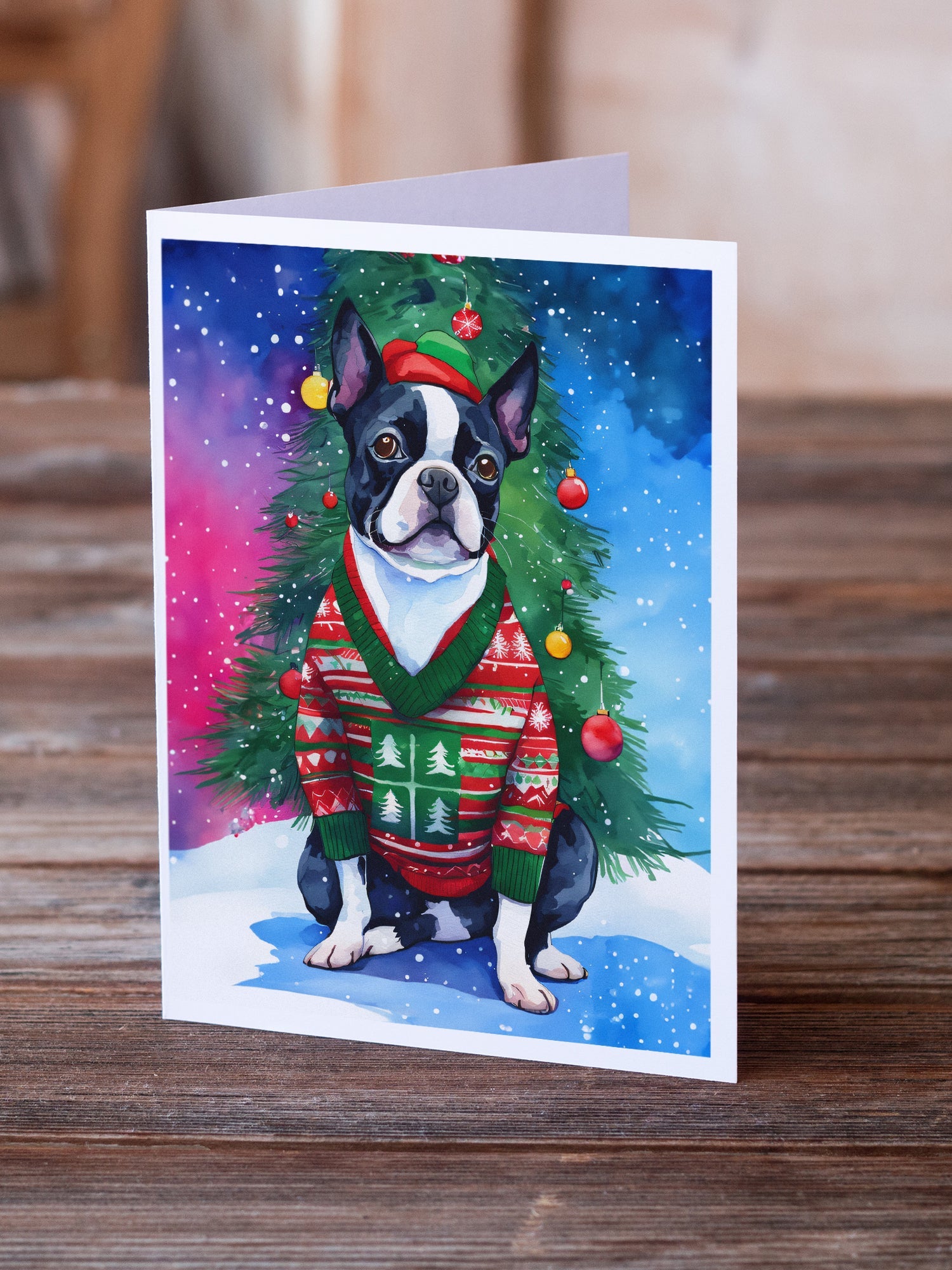 Boston Terrier Christmas Greeting Cards Pack of 8 Blank Cards with Envelopes Whimsical A7 Size 5x7