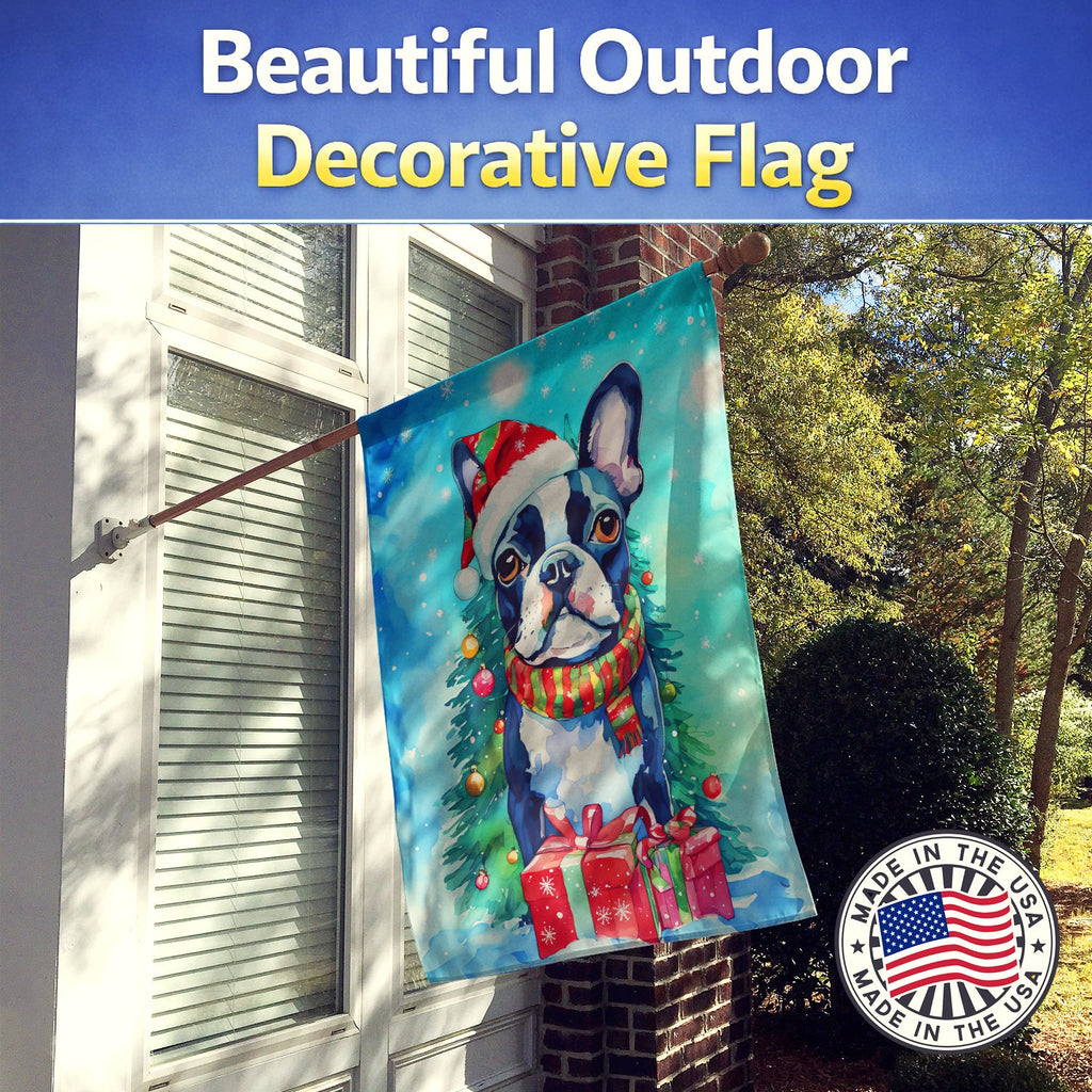 Boston Terrier Christmas House Flag 28x40 Porch Sleeve Pole Decorative Outside Yard Banner Artwork Wall Hanging, Polyester