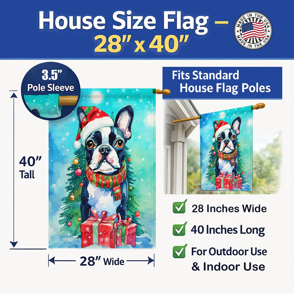 Boston Terrier Christmas House Flag 28x40 Porch Sleeve Pole Decorative Outside Yard Banner Artwork Wall Hanging, Polyester