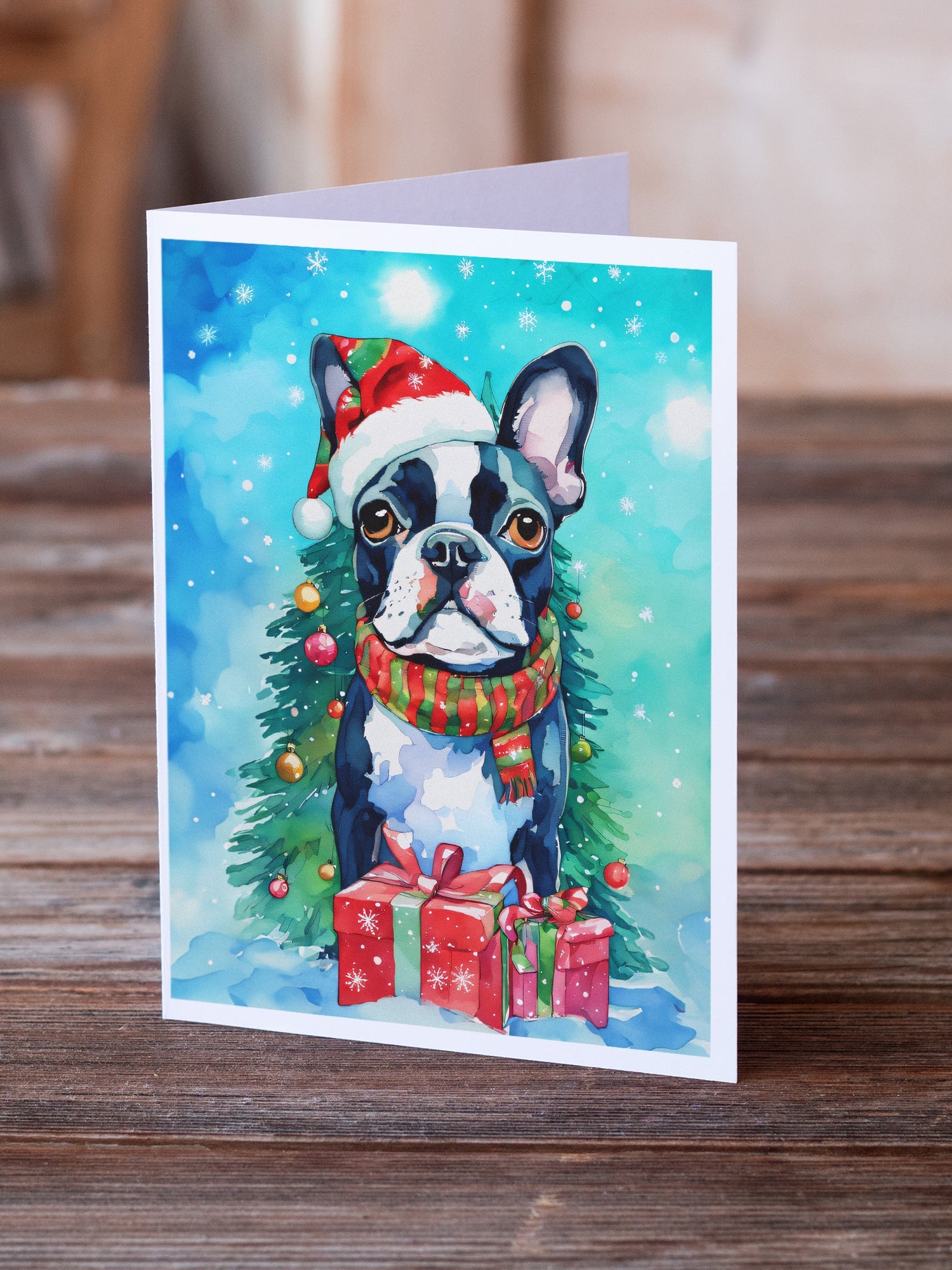 Boston Terrier Christmas Greeting Cards Pack of 8 Blank Cards with Envelopes Whimsical A7 Size 5x7