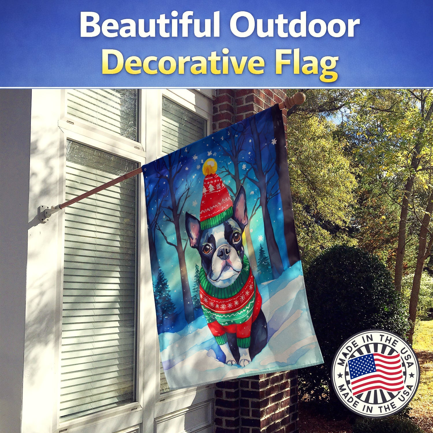 Boston Terrier Christmas House Flag 28x40 Porch Sleeve Pole Decorative Outside Yard Banner Artwork Wall Hanging, Polyester