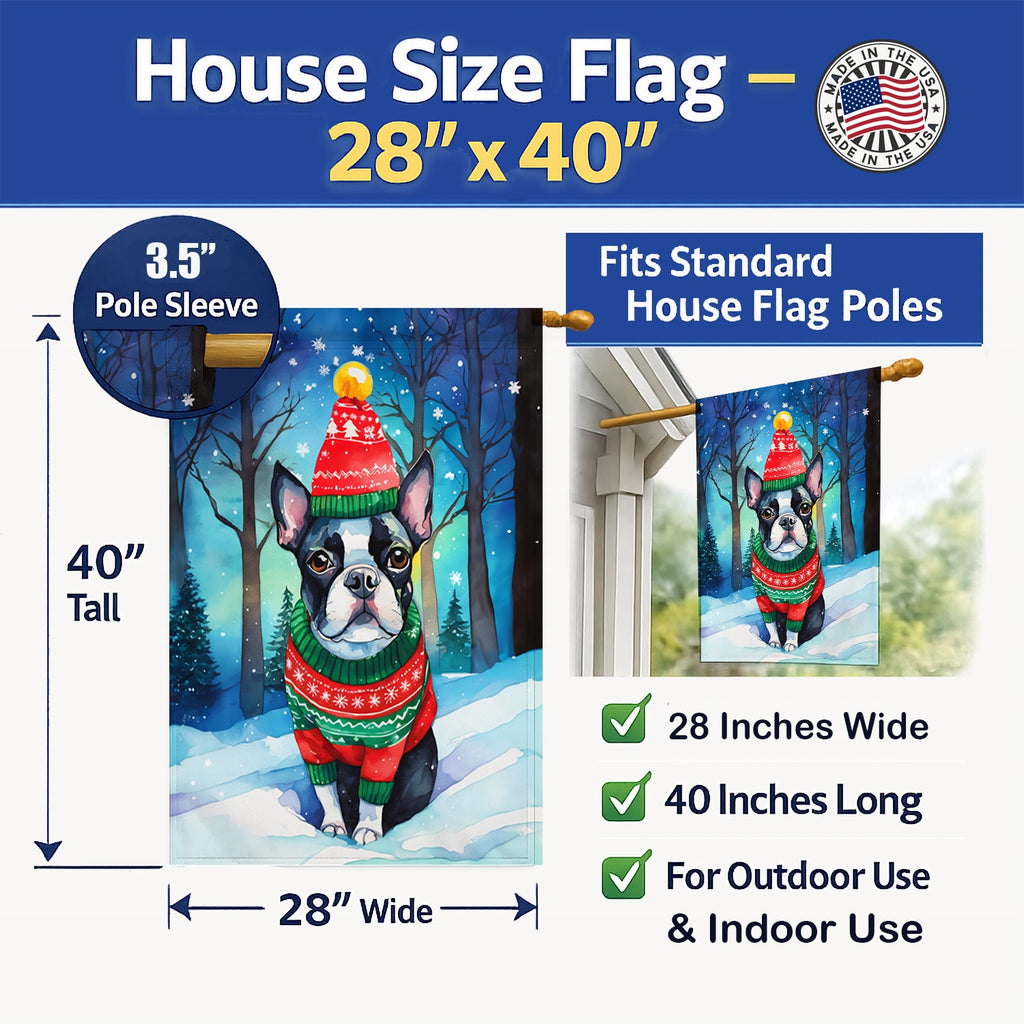 Boston Terrier Christmas House Flag 28x40 Porch Sleeve Pole Decorative Outside Yard Banner Artwork Wall Hanging, Polyester