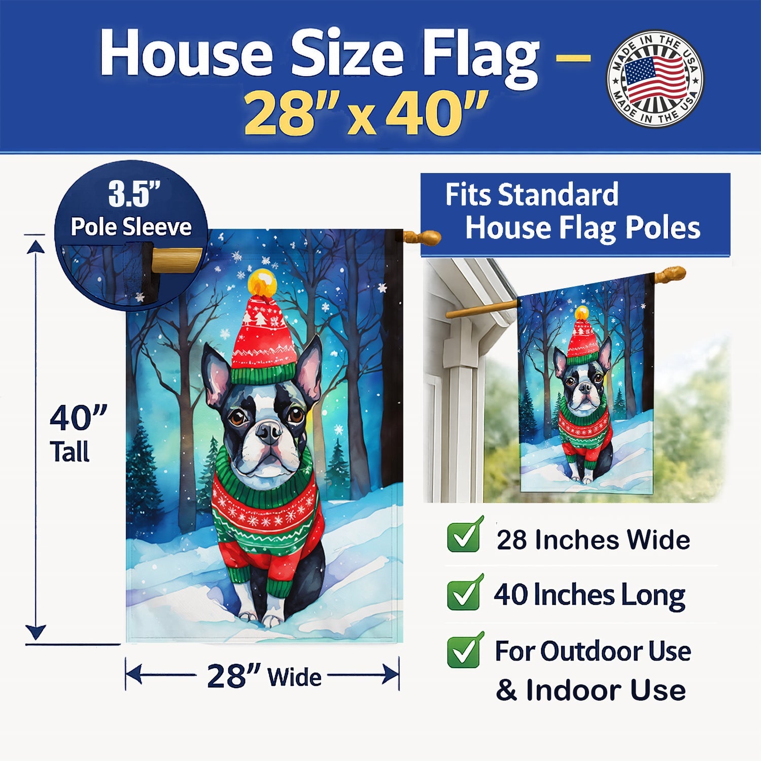 Boston Terrier Christmas House Flag 28x40 Porch Sleeve Pole Decorative Outside Yard Banner Artwork Wall Hanging, Polyester