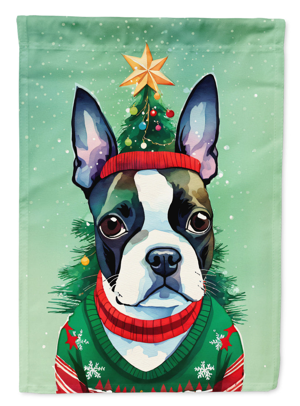Boston Terrier Christmas House Flag 28x40 Porch Sleeve Pole Decorative Outside Yard Banner Artwork Wall Hanging, Polyester