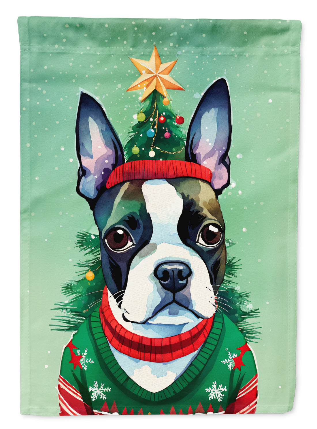 Boston Terrier Christmas House Flag 28x40 Porch Sleeve Pole Decorative Outside Yard Banner Artwork Wall Hanging, Polyester