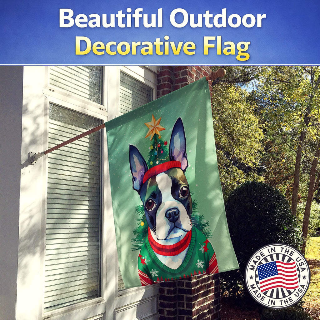 Boston Terrier Christmas House Flag 28x40 Porch Sleeve Pole Decorative Outside Yard Banner Artwork Wall Hanging, Polyester