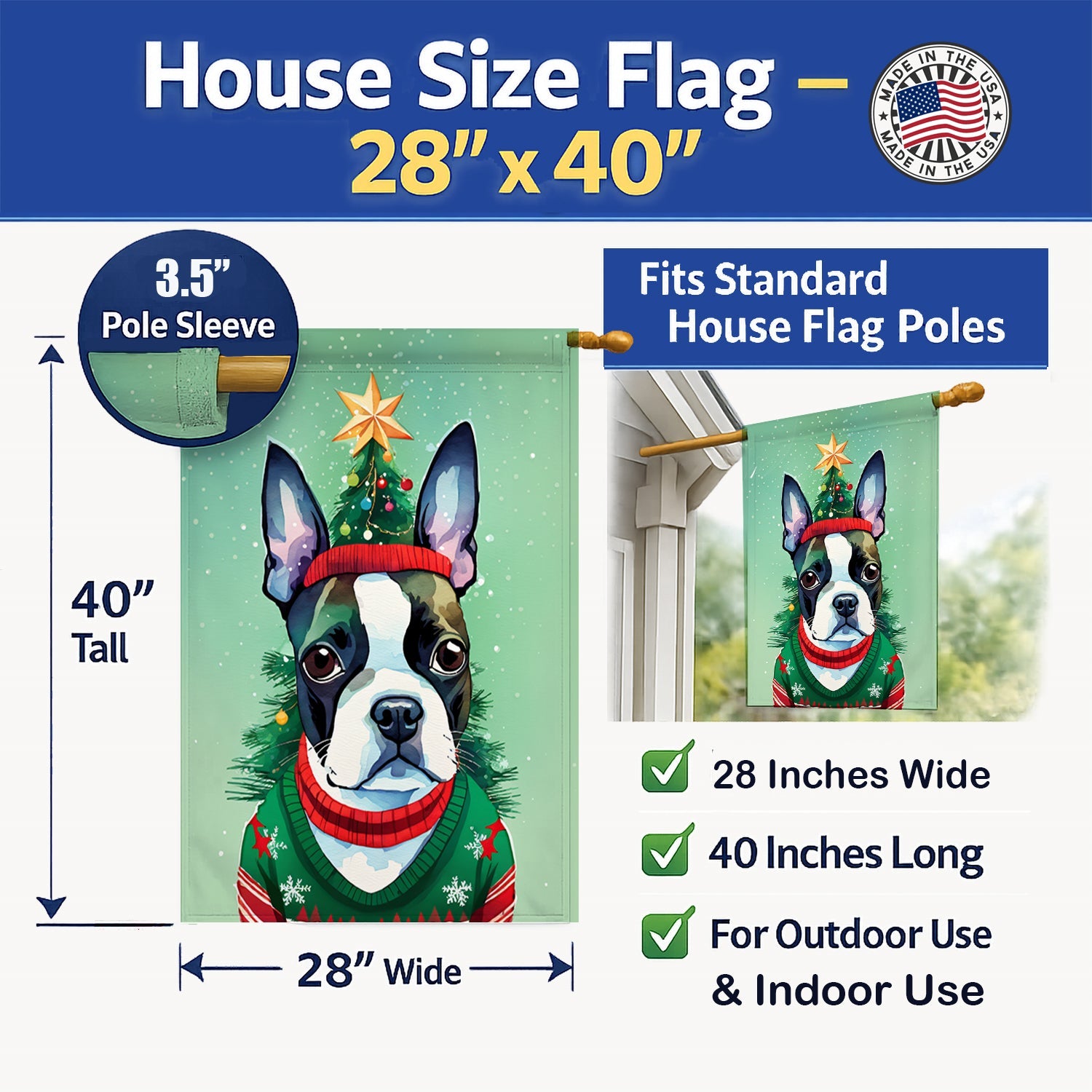 Boston Terrier Christmas House Flag 28x40 Porch Sleeve Pole Decorative Outside Yard Banner Artwork Wall Hanging, Polyester