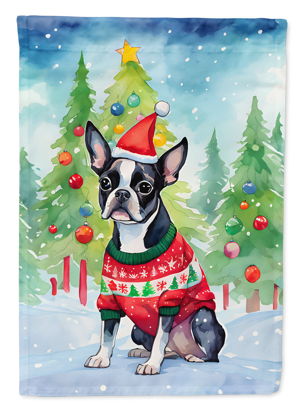 Boston Terrier Christmas House Flag 28x40 Porch Sleeve Pole Decorative Outside Yard Banner Artwork Wall Hanging, Polyester
